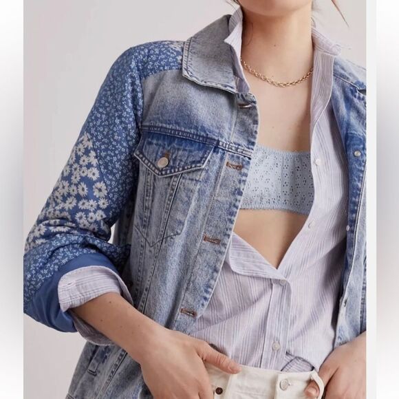 Avec Les Filles Jackets & Blazers - Anthropologie Avec Les Filles Floral Patchwork Denim Jacket Size XL